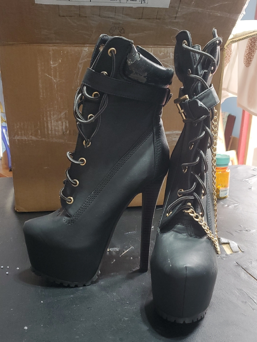 Black High Heel Lace-Up Platform Ankle Boots New With Flaws See Photos.